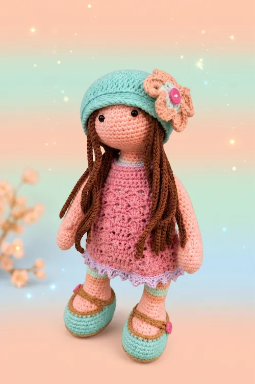 Muñeca amigurumi premium con vestido rosa y gorro turquesa