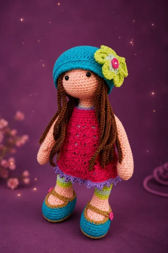 Muñeca Lily tejida en amigurumi con gorro turquesa, flor verde y vestido fucsia