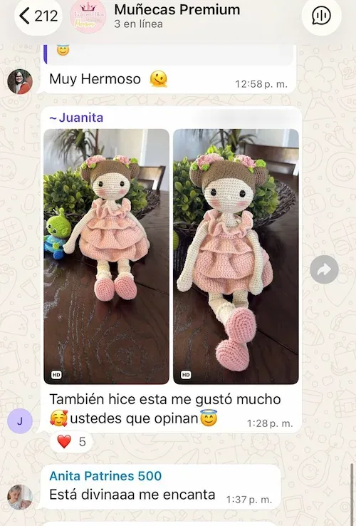 Alumna comparte su muñeca amigurumi rosa y la Profe Anita la felicita