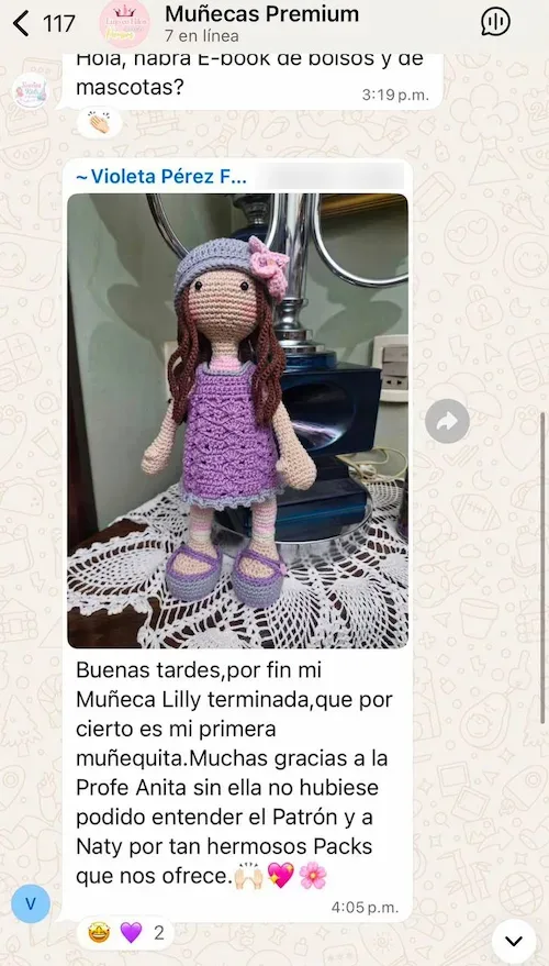 Alumna comparte su primera Muñeca Lily terminada en el grupo de WhatsApp
